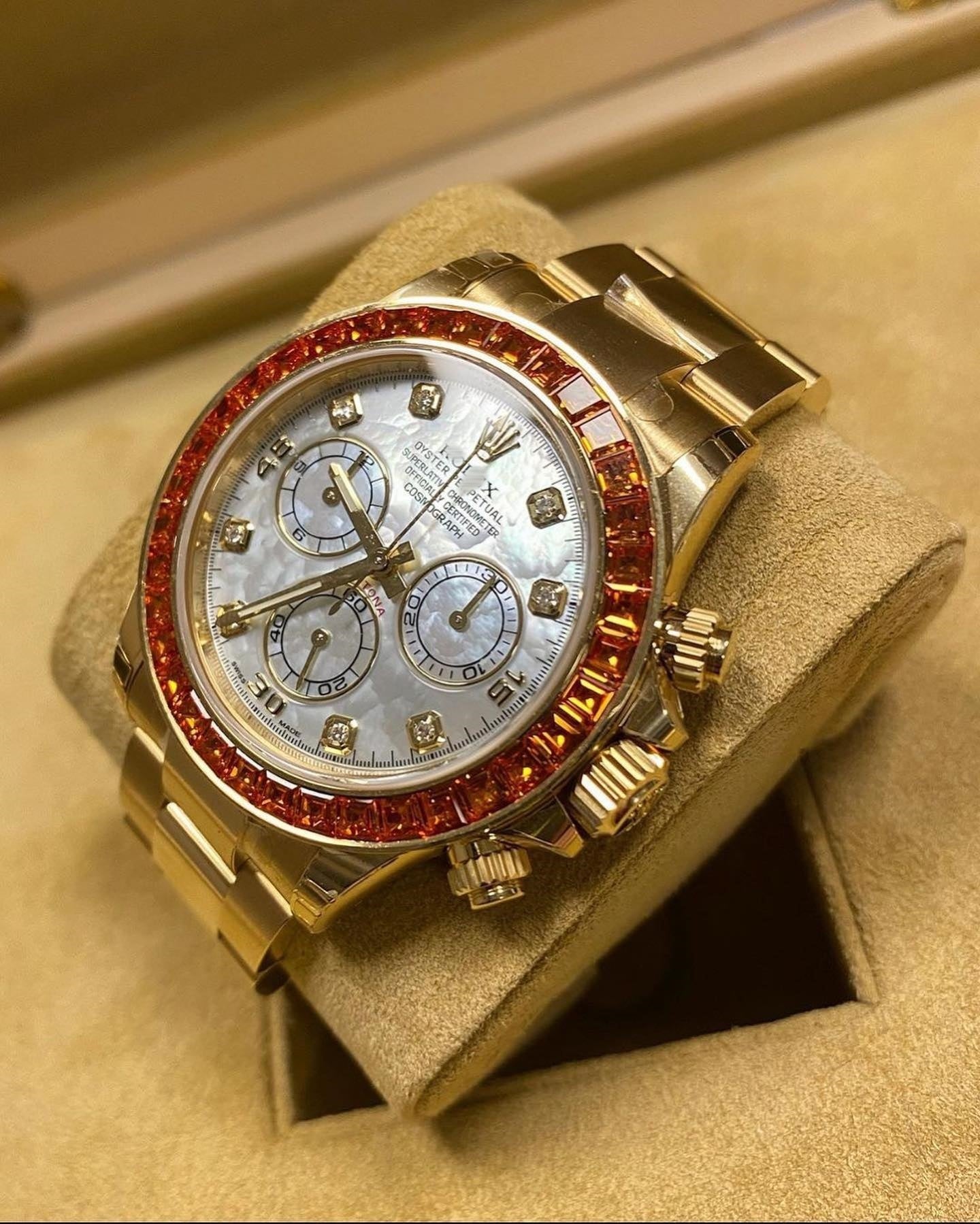 Rolex Daytona 116578SACO Yellow Gold Orange Sapphire Mother Of Pearl Dial