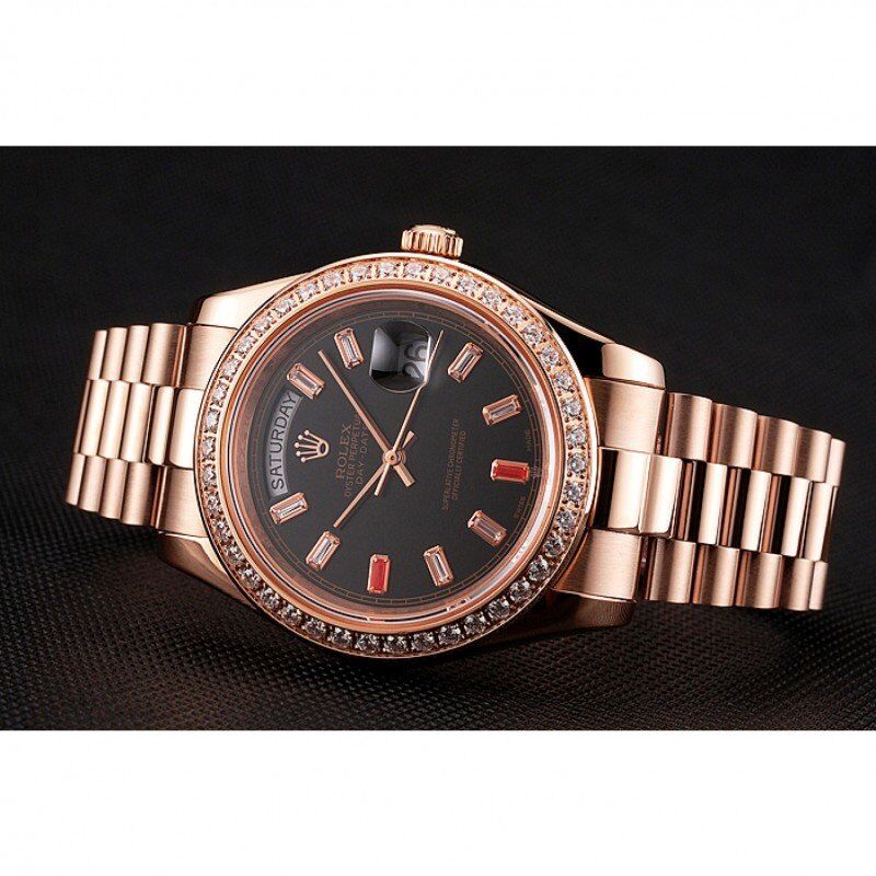 Swiss Rolex Day-Date Diamonds And Rubies Black Dial Rose Gold Bracelet 1454102